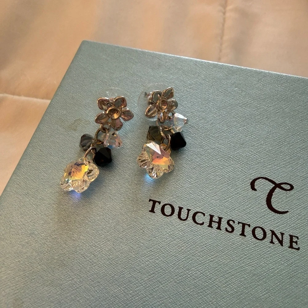 Touchstone Crystal Retired Silver Black and Crystal Floral Earrings